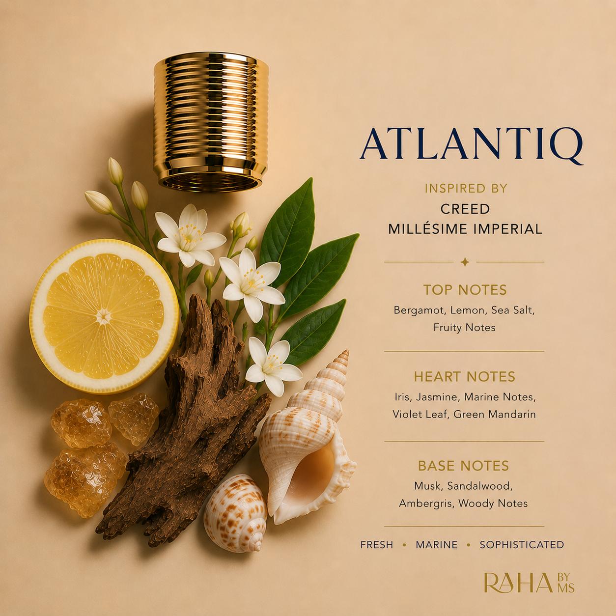 Product packaging for Atlantiq inspired by Creed, featuring a gold container, lemon, flowers, and seashells on a beige background.