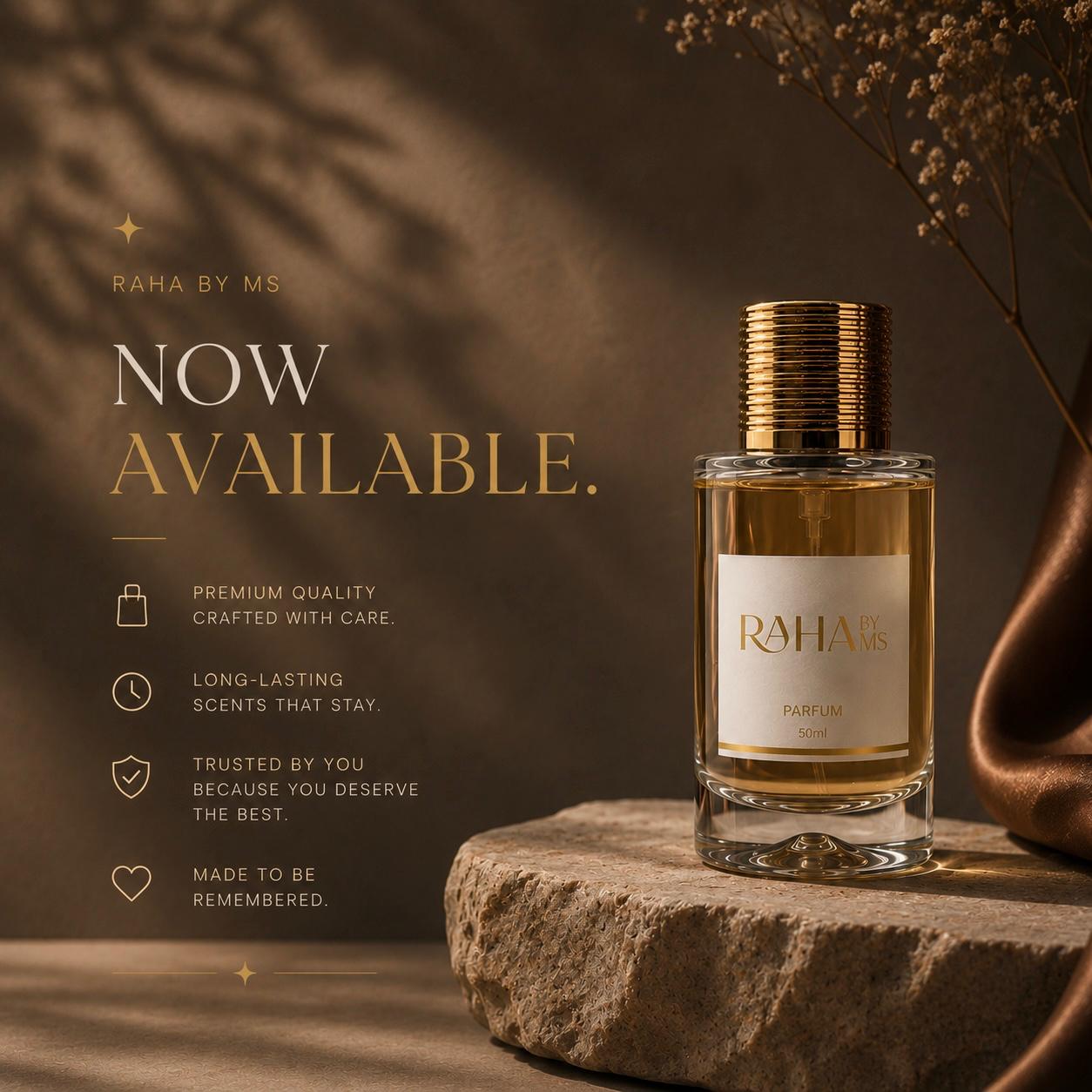Perfume bottle with 'RAHA by MS' branding on a stone surface with a warm, brown background.